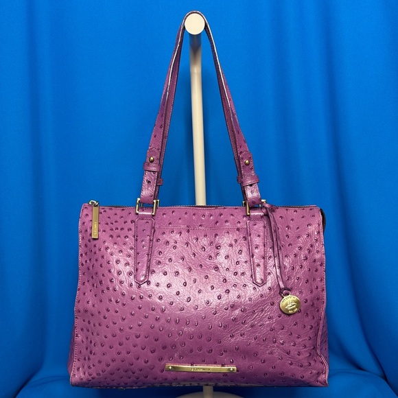BRAHMIN LARGE TORI TOTE FIG NORMANDY OSTRICH EMBOSSED LEATHER PURPLE TYPE COLOR